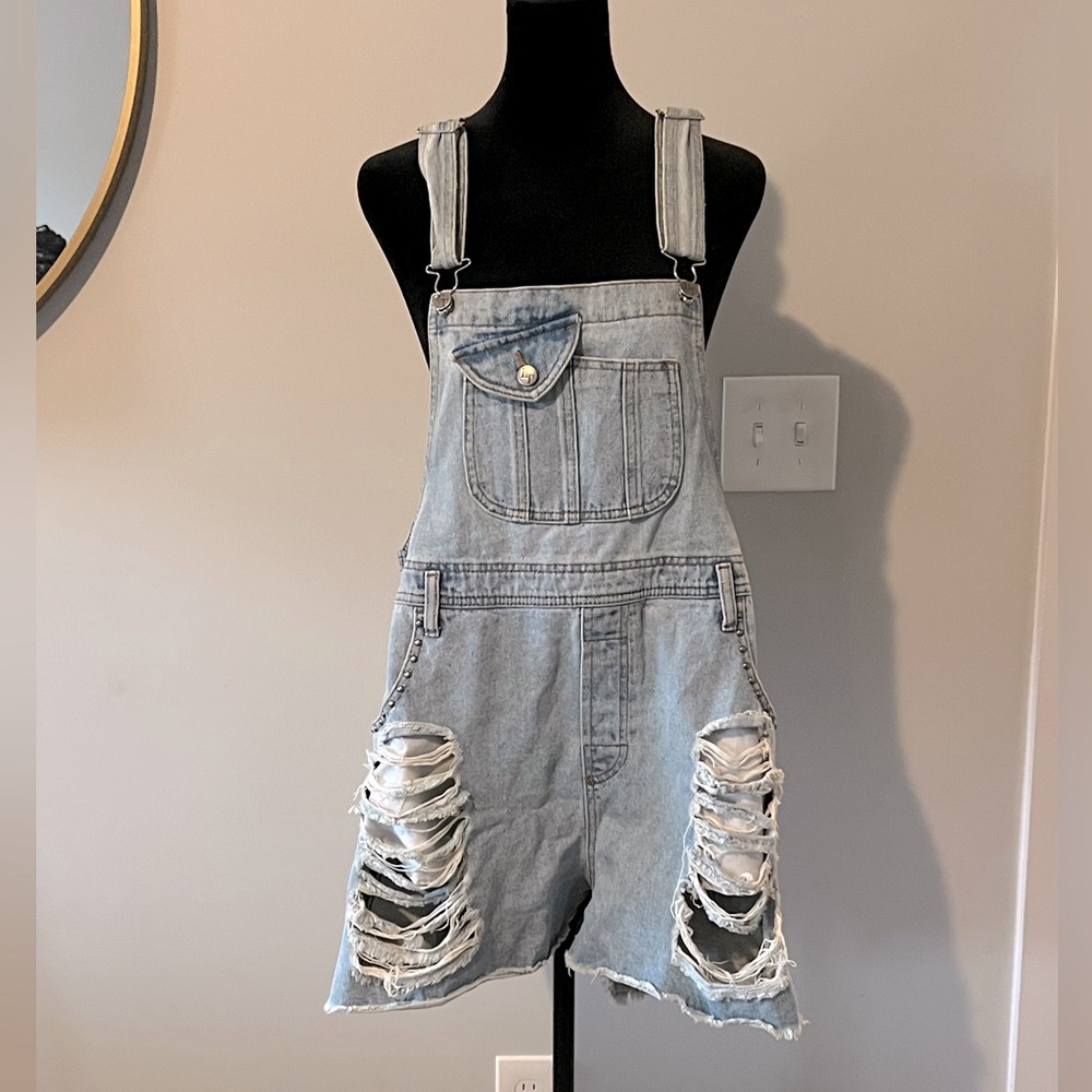 Evil Twin distressed overall shorts